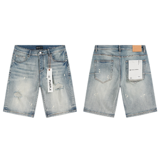 Light Blue Washed Denim Shorts with Light Knee Distressing and Paint Splatter